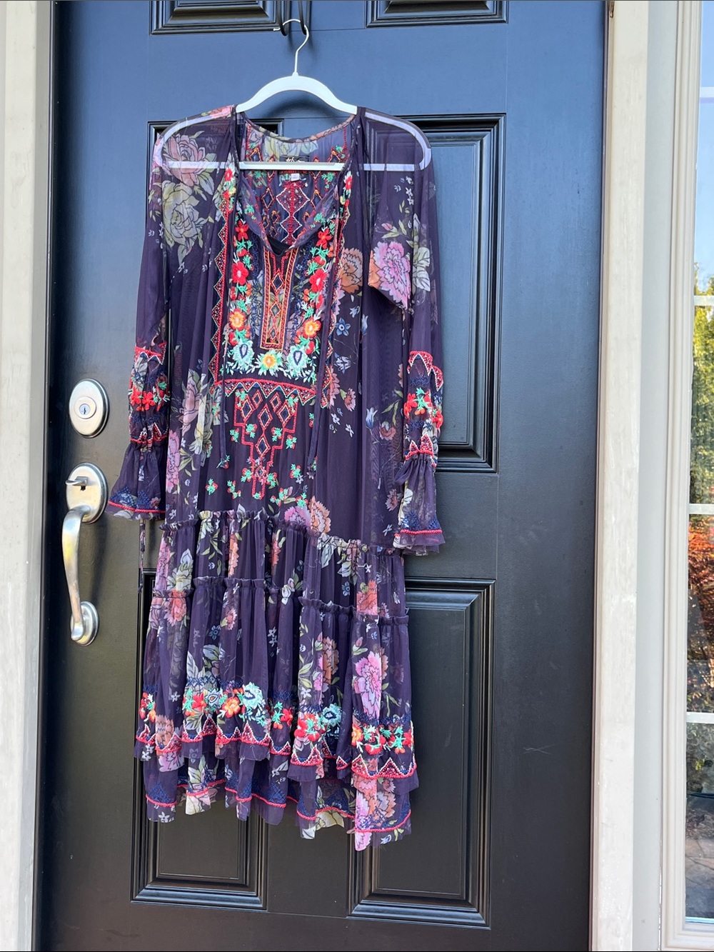 Johnny Was Karasi Mesh Navy Floral Embroidery Tiered Dress - Picture 8 of 8